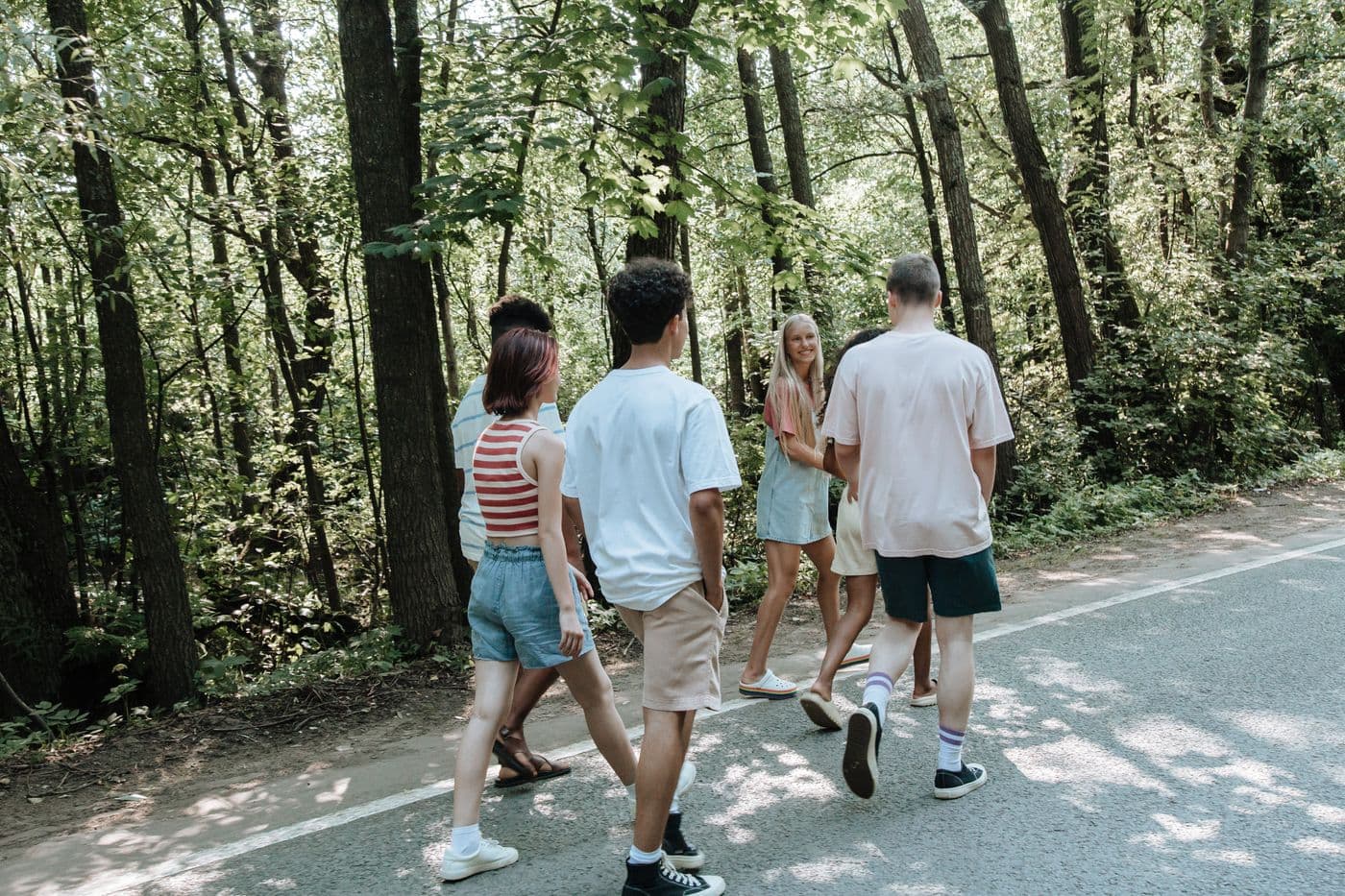 Eine junge, vielfältige Gruppe geht gemeinsam einen sonnigen Waldweg entlang